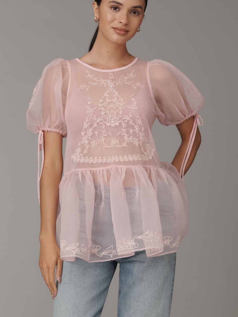 Anthropologie Pink Sheer Embroidered Puff-Sleeve Lace Peplum Blouse